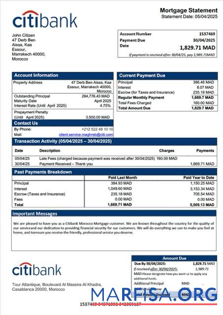 Downloadable Morocco Citibank Morocco mortgage statement Word and PDF template